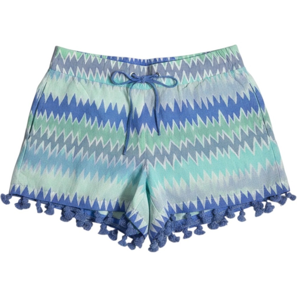 Sail to Sable STS Blue Green Chevron Ikat Tassel Trim Cotton Shorts Womens Small